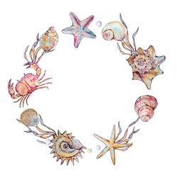 wreath of watercolor seashells and underwater Vector Image