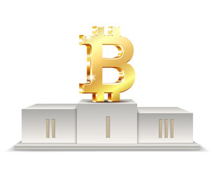 Winner pedestal with golden bitcoin podium vector