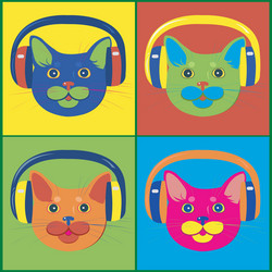 brightly colored cats in the music headphones vector