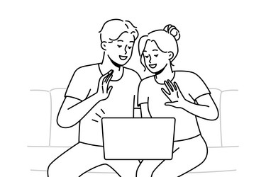 Smiling couple talk on video call computer vector