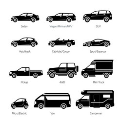 Vehicle body types car carcass shape and model Vector Image