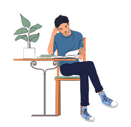 man reading book at table in calm mood vector image