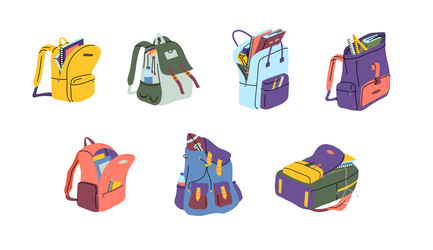 Cartoon color different school backpacks icons set vector