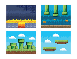 set videogame pixelated graphic scene vector