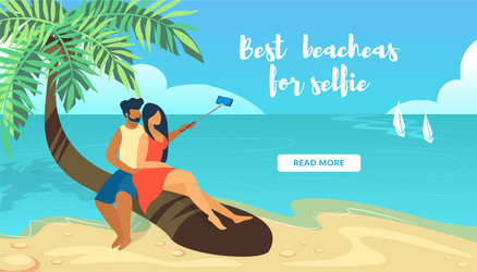 loving couple sitting on palm tree making selfie vector