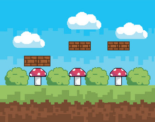 arcade game world and pixel scene design vector image