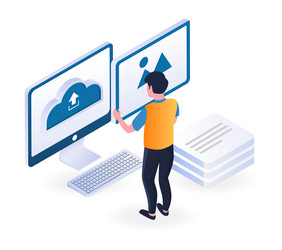 man uploading files with computer vector image
