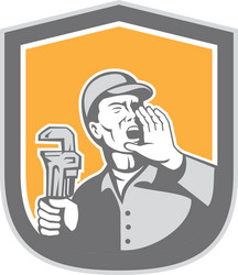 plumber shouting holding wrench shield retro Vector Image