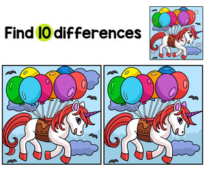 unicorn floating on balloons find the differences vector