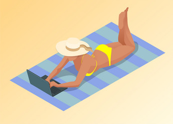 isometric young woman working on beach vector