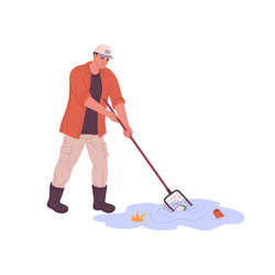 person picking litter from puddle with net tool vector