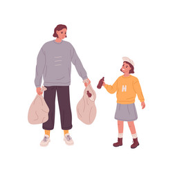 Mother and kid collecting litter into trash bag vector