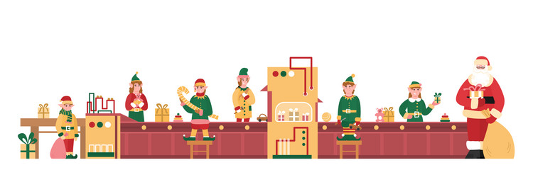 christmas factory with elves helping santa flat vector