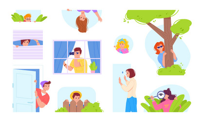 Peeping and curious guy with cute dog spying Vector Image