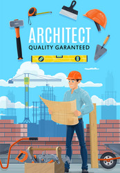 Construction Worker Building Blueprint vector image