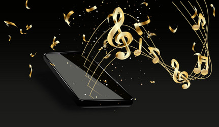 gold music notes and mobile phone on a black vector