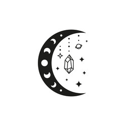 boho crescent with moon phases crystal planet vector