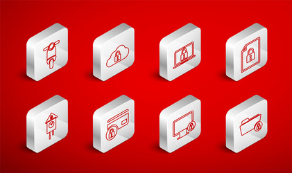 set line folder and lock cloud computing laptop vector image