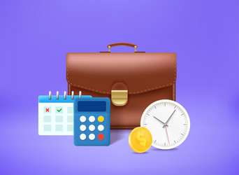 briefcase with calculator calendar and clock time vector