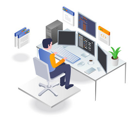 programmer working on computer with lots of data vector image