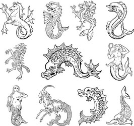 Woodcut Sea Monsters & Heraldic Creatures Vector Image