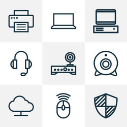 hardware icons line style set with notebook vector image