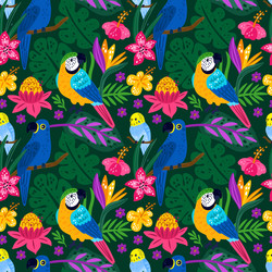 Seamless exotic birds tropical bright parrots vector