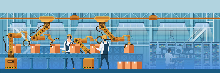 people working with robots on conveyor line vector image
