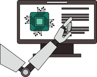monitor computer with processor and robot hand vector image