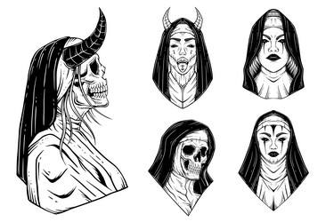 Horror Nun Skull Tattoo Set Vector Image