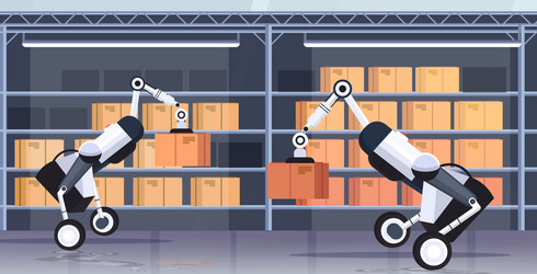 robotic workers loading cardboard boxes hi-tech vector image