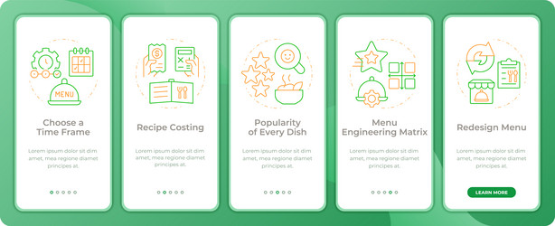 steps of menu engineering app onboarding screens vector image