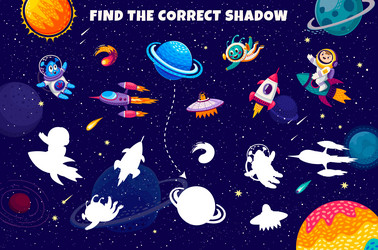 kids game find correct shadow of space objects vector image