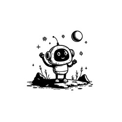 whimsical depiction of a cheerful robot exploring vector image