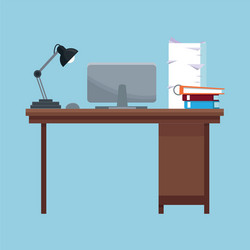 Workplace desk lamp laptop books documents pile vector