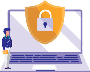 man using laptop computer with shield vector image