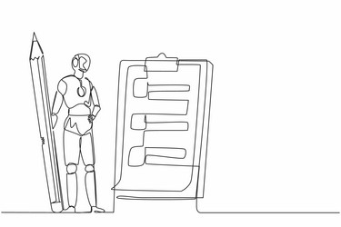 single continuous line drawing robots holding big vector image