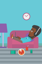 man lying on sofa with many gadgets vector image