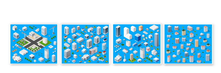 isometric set 3d module block district part vector