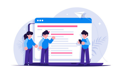 programmers discuss code on laptop screen vector image