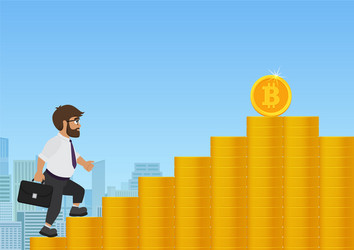 businessman walking up on golden coin stairs vector