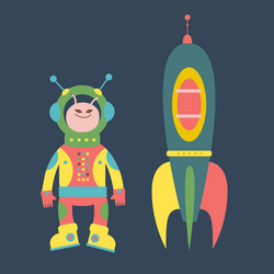 friendly alien and rocket vector