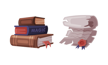 Ancient paper scroll and stack of magic books vector