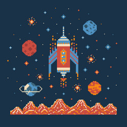 8 bit pixel art rocket in outer space vector image