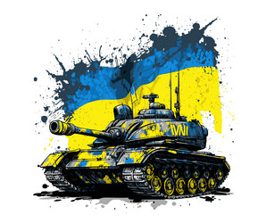 Ukrainian tank with a flag protecting ukraine vector