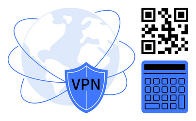 vpn shield over globe with calculator and qr code vector image