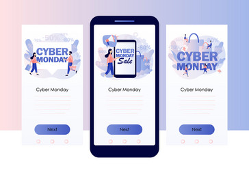 Cyber monday sales tiny people shopping online vector