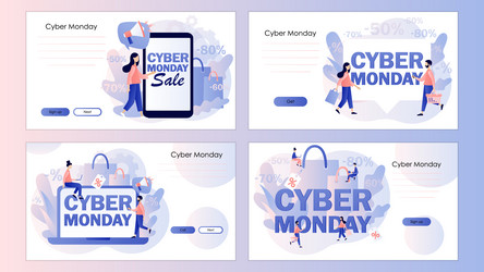 Cyber monday sales tiny people shopping online vector