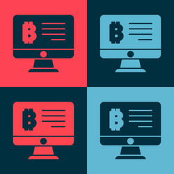 pop art mining bitcoin from monitor icon isolated vector image