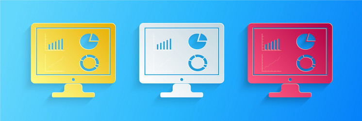 Paper cut computer monitor with graph chart icon vector